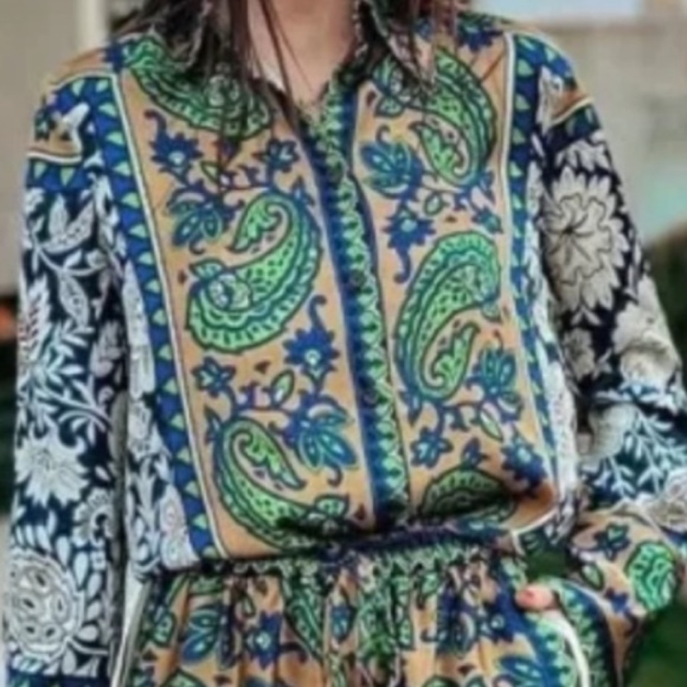 Zara NWT green paisley satin material blouse size XXL